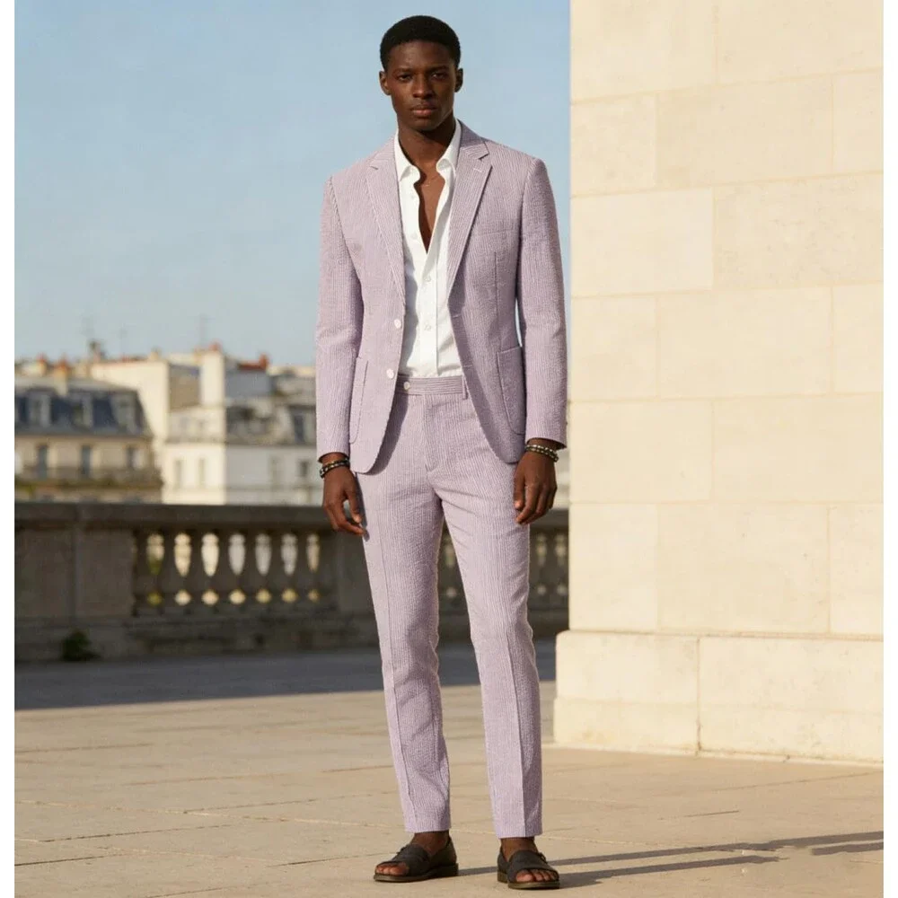 Seersucker Men's Purple Slim Suits Formal Summer Beach Wedding Grooms 2 Piece M